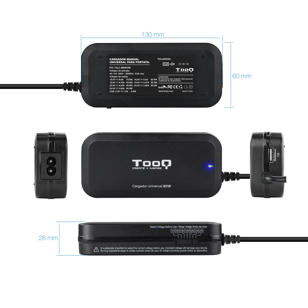 Cargador portatil universal tooq tqlc - 90bs02m 90w 1 x usb 12c negro
