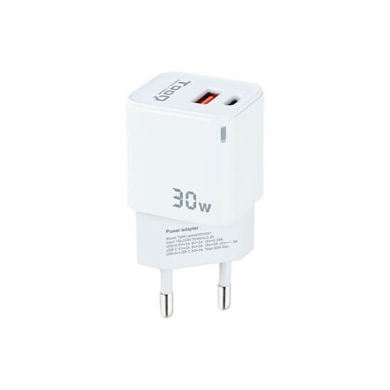 Cargador de pared tooq doble usb - c + usb a blanco 30w