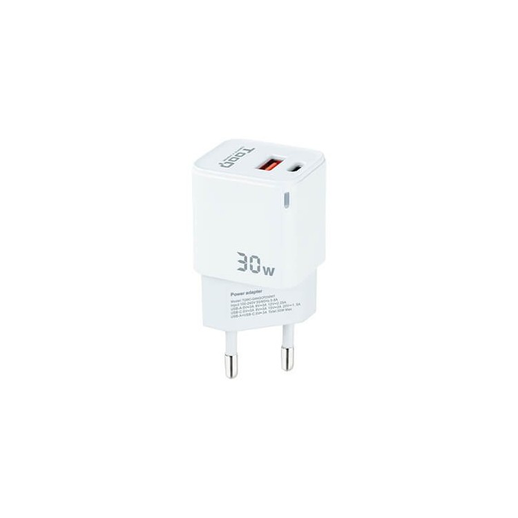 Cargador de pared tooq doble usb - c + usb a blanco 30w