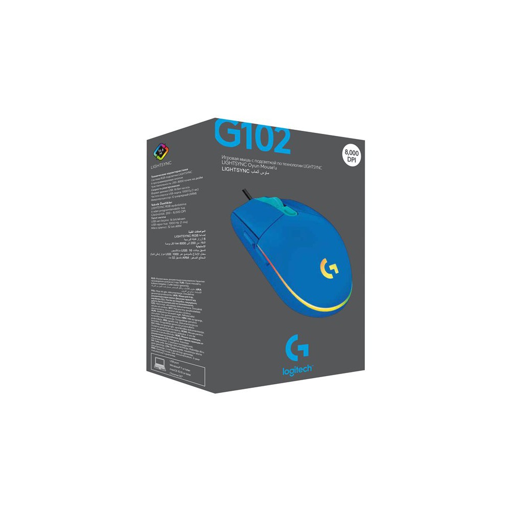 Mouse raton logitech g102 lightsync azul gaming 8.000 dpi 6 botones
