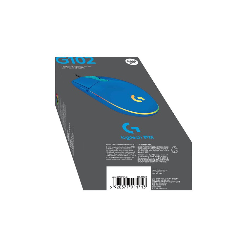 Mouse raton logitech g102 lightsync azul gaming 8.000 dpi 6 botones