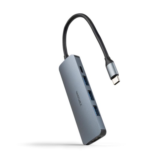 Hub nanocable usb - c 5 en 1 conversor usb - c 3.1 a 3xusb - a 3.0 + usb - c pd + hdmi aluminio gris 18 cm