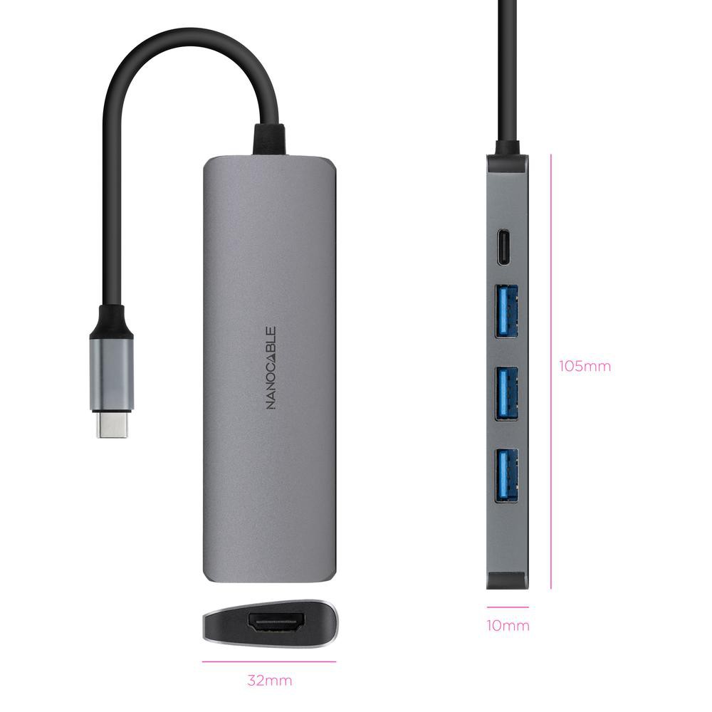 Hub nanocable usb - c 5 en 1 conversor usb - c 3.1 a 3xusb - a 3.0 + usb - c pd + hdmi aluminio gris 18 cm
