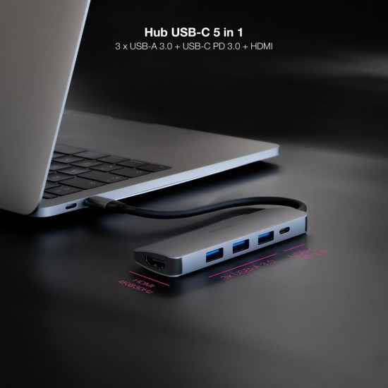 Hub nanocable usb - c 5 en 1 conversor usb - c 3.1 a 3xusb - a 3.0 + usb - c pd + hdmi aluminio gris 18 cm