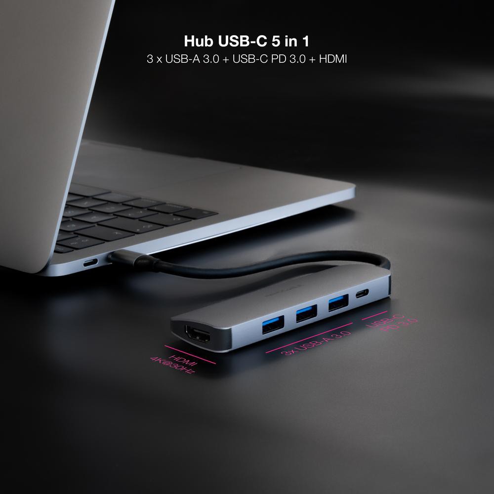 Hub nanocable usb - c 5 en 1 conversor usb - c 3.1 a 3xusb - a 3.0 + usb - c pd + hdmi aluminio gris 18 cm