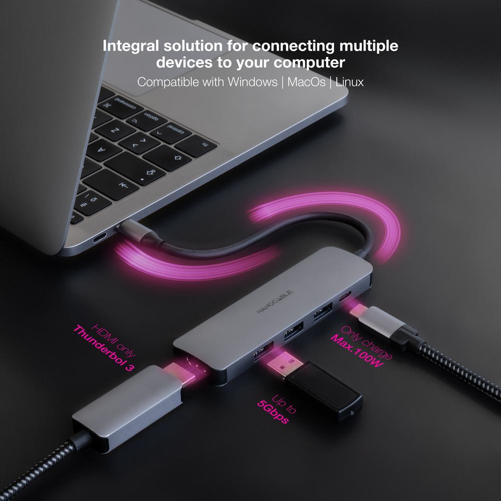 Hub nanocable usb - c 5 en 1 conversor usb - c 3.1 a 3xusb - a 3.0 + usb - c pd + hdmi aluminio gris 18 cm