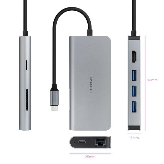 Hub nanocable usb - c 8 en 1 conversor usb - c 3.1 a 3xusb - a 3.0 + hdmi 4k@60hz + usb - c pd + rj45 1gbps + tf + sd aluminio 