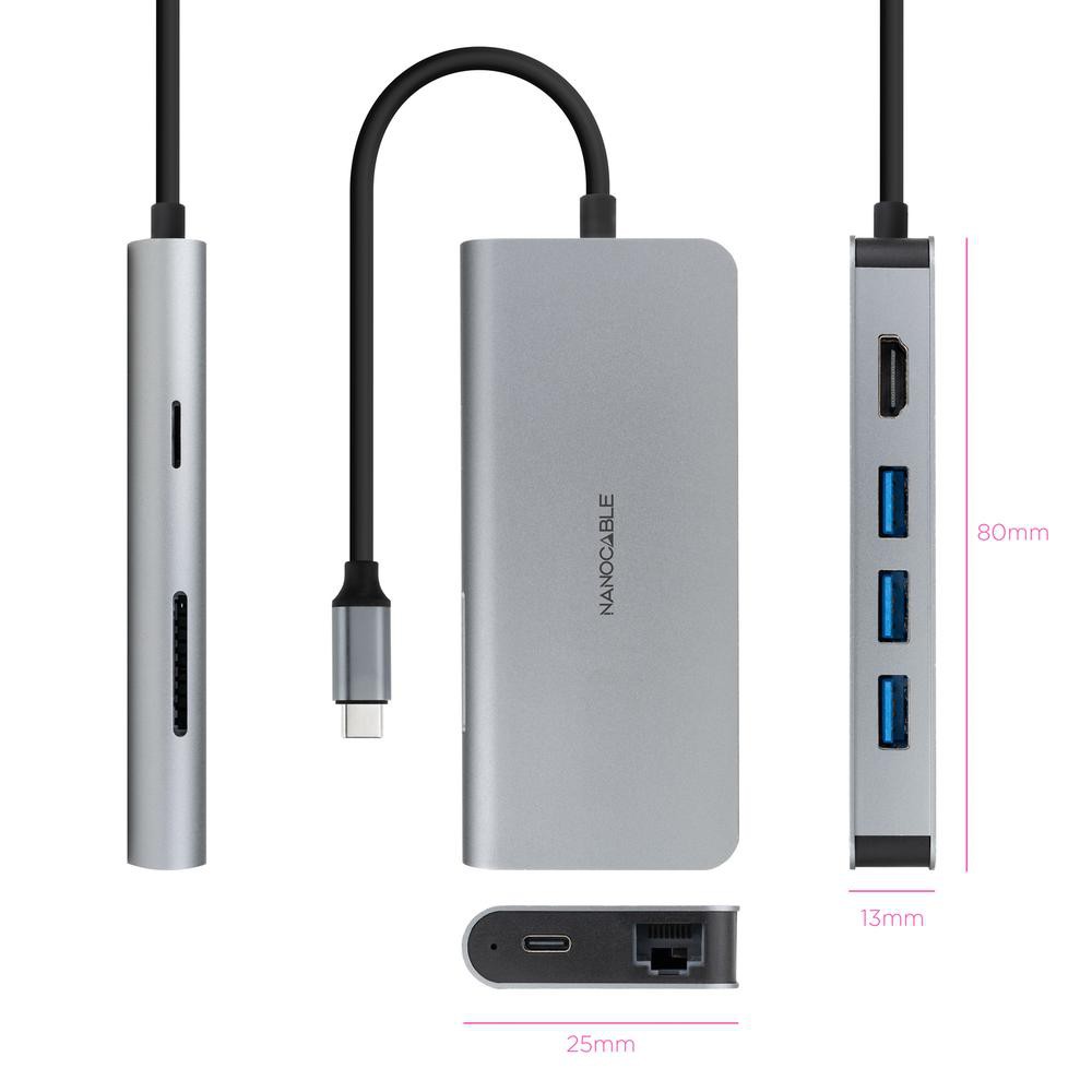 Hub nanocable usb - c 8 en 1 conversor usb - c 3.1 a 3xusb - a 3.0 + hdmi 4k@60hz + usb - c pd + rj45 1gbps + tf + sd aluminio 