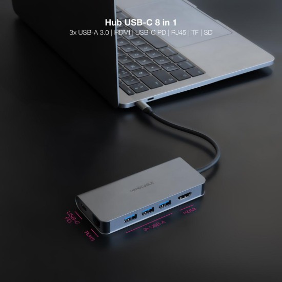 Hub nanocable usb - c 8 en 1 conversor usb - c 3.1 a 3xusb - a 3.0 + hdmi 4k@60hz + usb - c pd + rj45 1gbps + tf + sd aluminio 