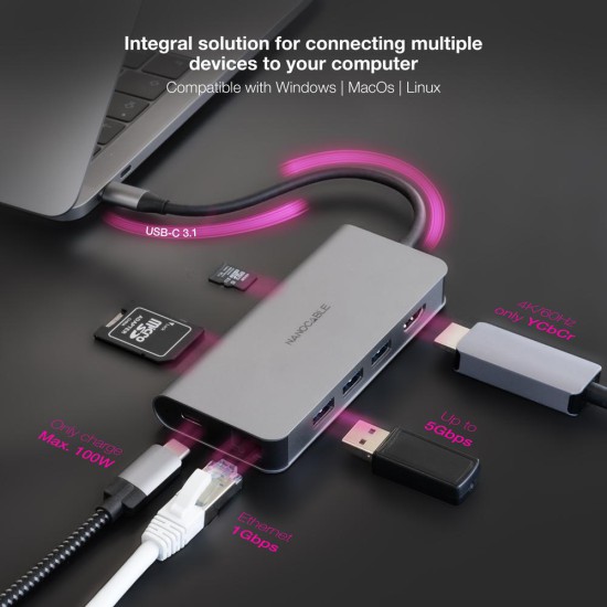Hub nanocable usb - c 8 en 1 conversor usb - c 3.1 a 3xusb - a 3.0 + hdmi 4k@60hz + usb - c pd + rj45 1gbps + tf + sd aluminio 