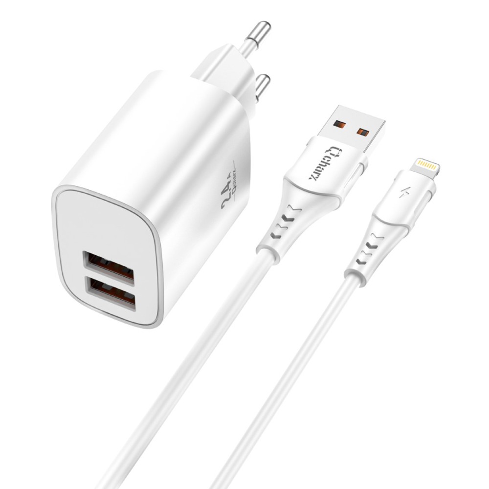 Kit cargador qcharx apolo 24a  + cable usb a lightning blanco