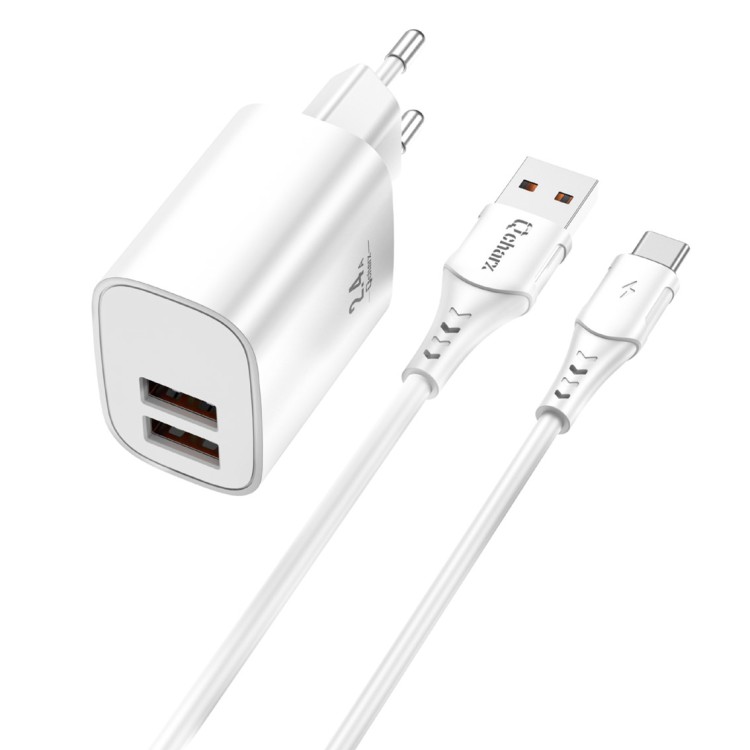 Kit cargador qcharx apolo 24a 12w + cable usb a tipo c blanco