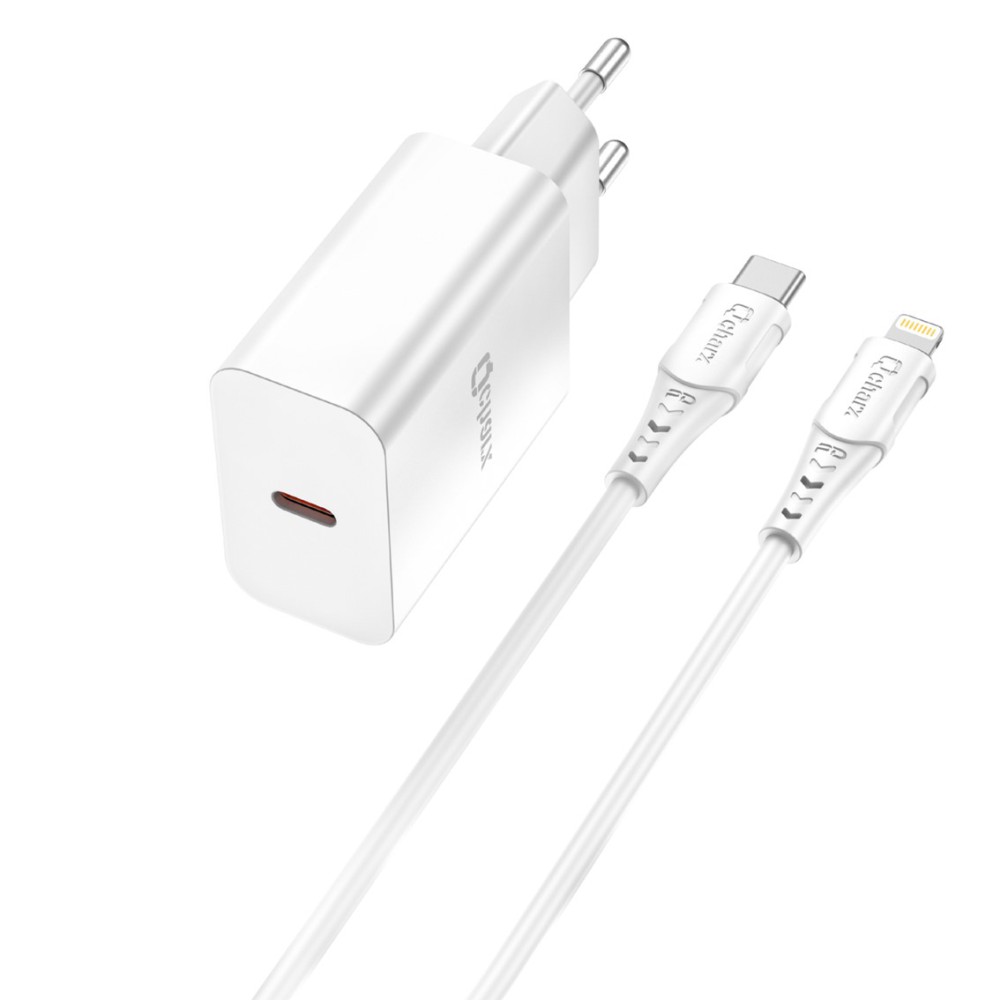 Kit cargador qcharx chronos 3a 20w + cable tipo c a lightning blanco