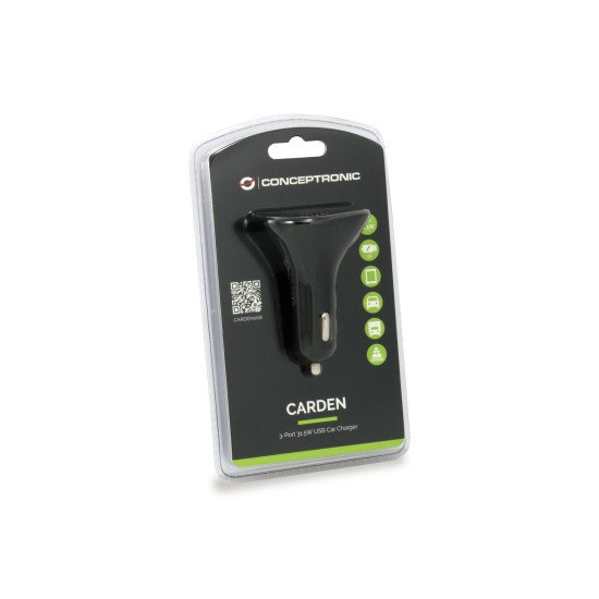 Cargador coche conceptronic carden06b  3 puertos usb tipo a 2p 5v - 2.4a 1p 5v - 1.5a 31.5w