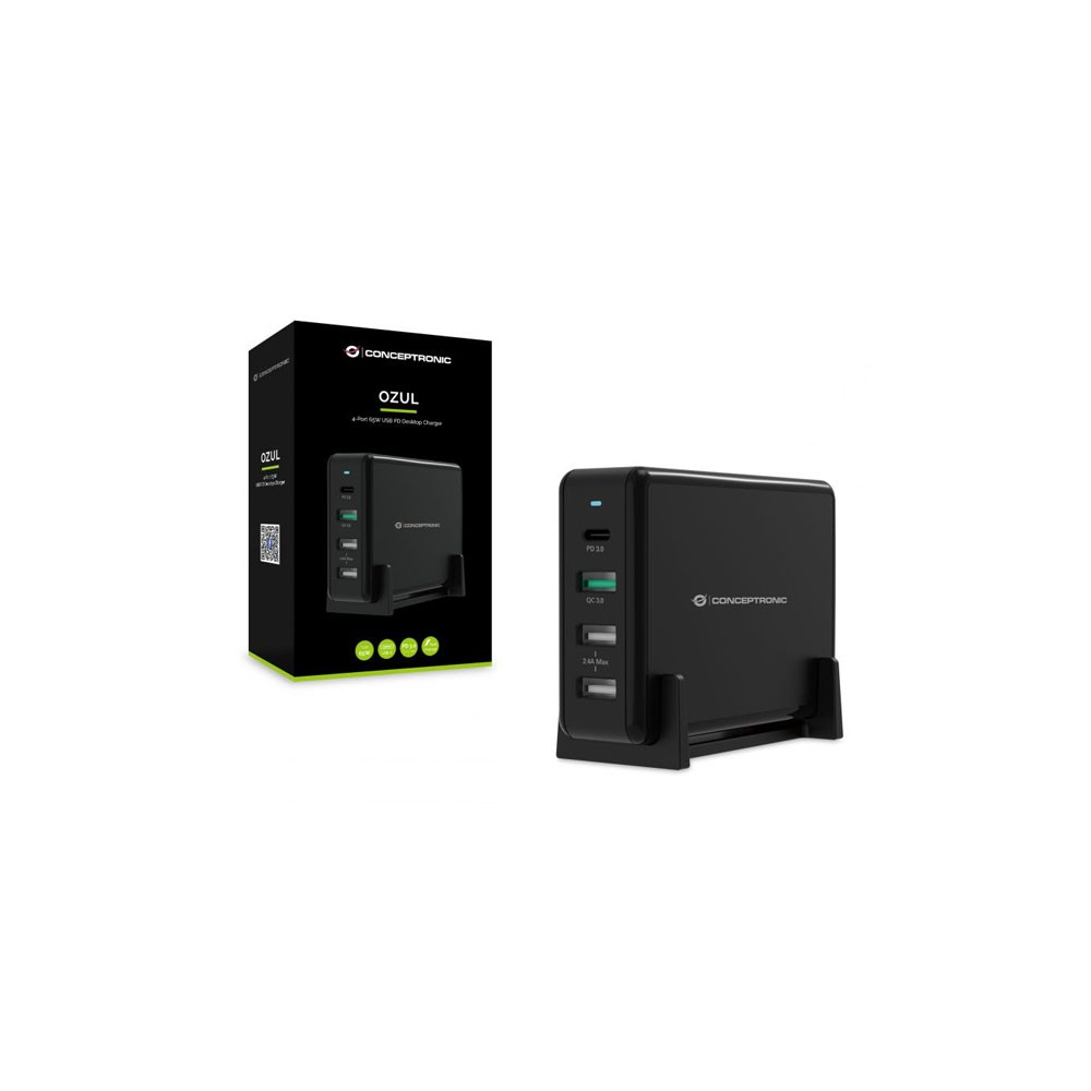 Cargador conceptronic ozul01b carga rapida pd 3 x usb tipo a - 1 x usb tipo c - 65w