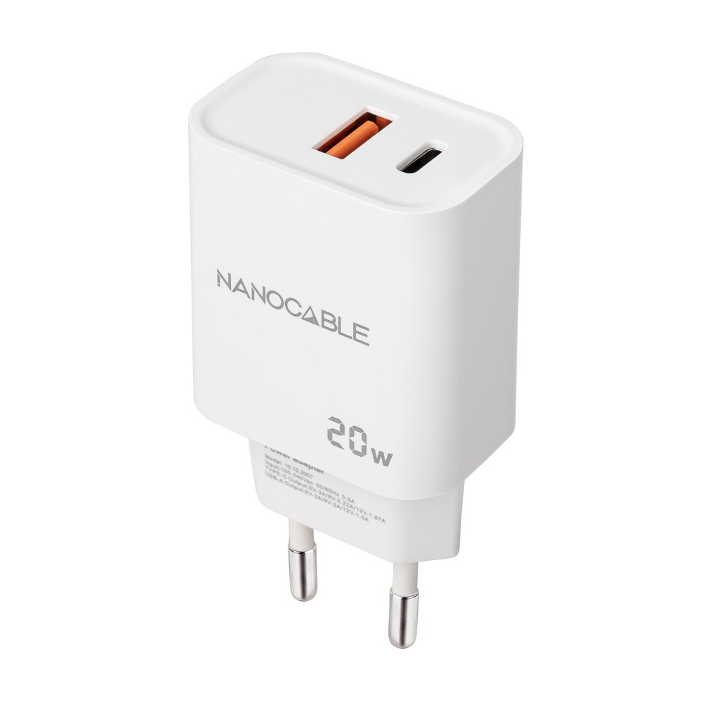 Cargador nanocable usb - c - pd + usb - a - qc 20w - blanco
