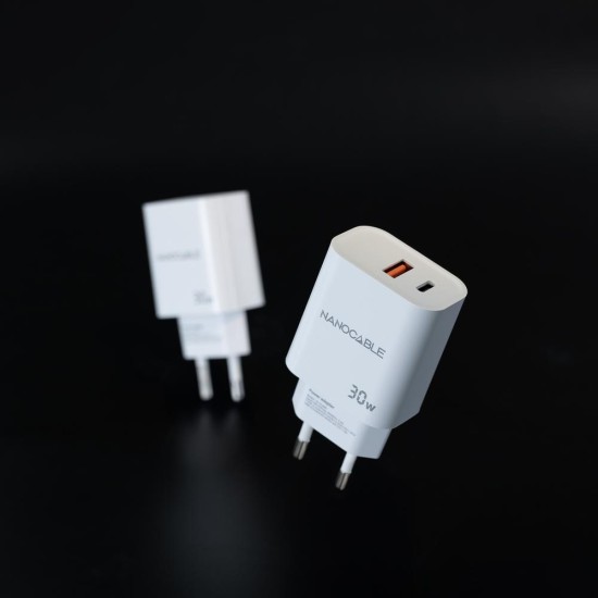 Cargador nanocable usb - c - pd + usb - a - qc 30w blanco