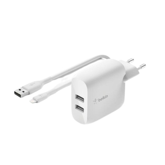 Cargador belkin wcd001vf1mwh 24w 2x usb tpo a + cable lightning a usb tipo a 1m