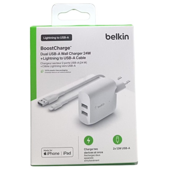 Cargador belkin wcd001vf1mwh 24w 2x usb tpo a + cable lightning a usb tipo a 1m