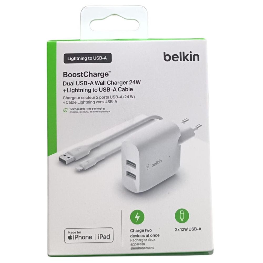 Cargador belkin wcd001vf1mwh 24w 2x usb tpo a + cable lightning a usb tipo a 1m