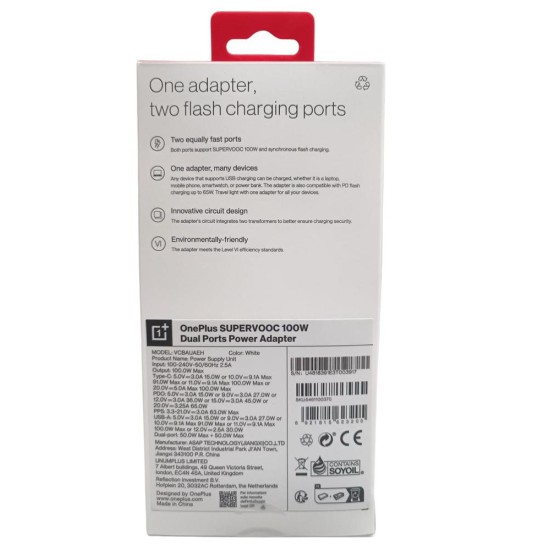 Cargador one plus supervoc 100w 1xusb tipo c 1x usb tipo a blanco