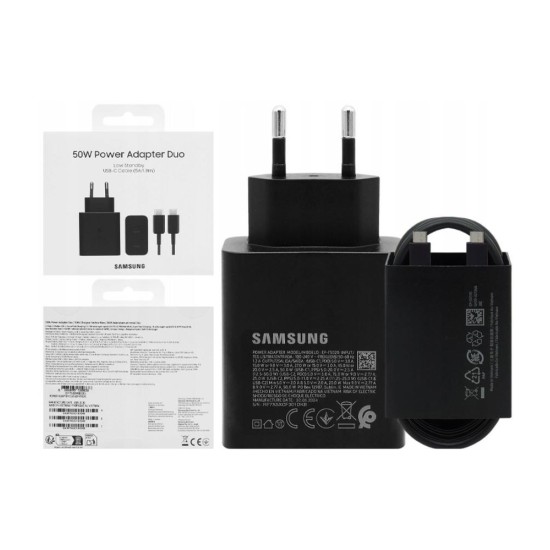 Cargador samsung 50w 2x usb tipo c negro + cable usb tipo c