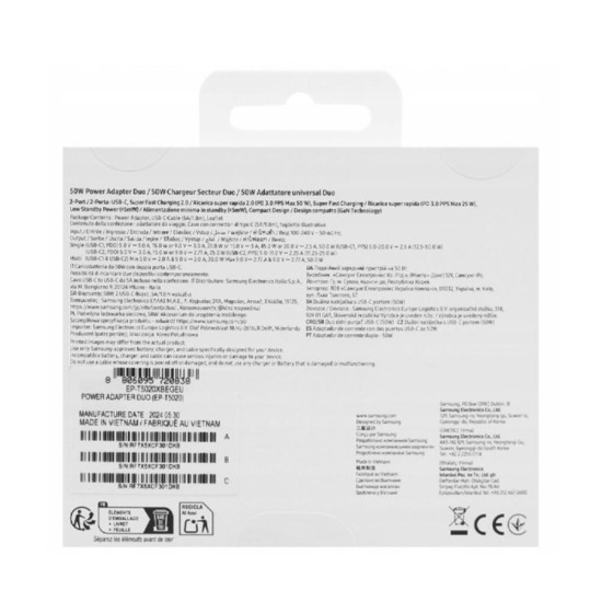 Cargador samsung 50w 2x usb tipo c negro + cable usb tipo c